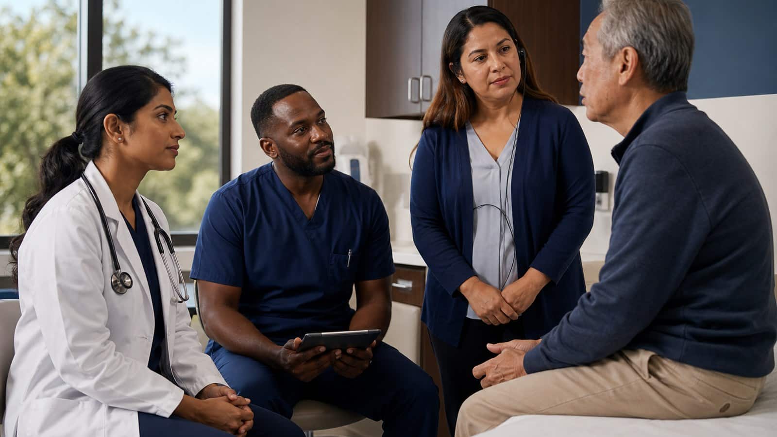 Medical interpretation services in a hospital exam room with a diverse care team