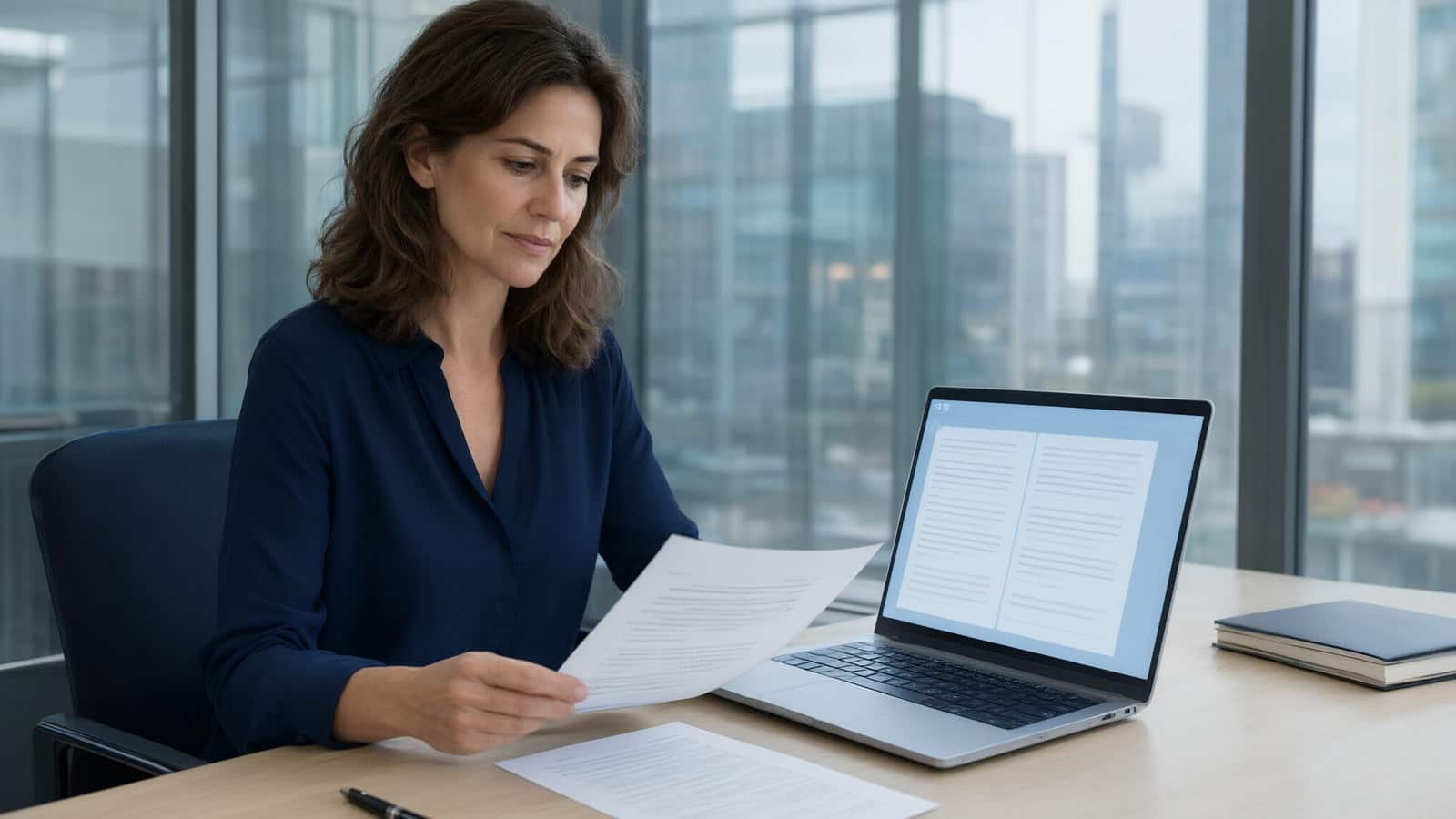 Translator at an office desk comparing a printed document with a two-column translation on a laptop screen