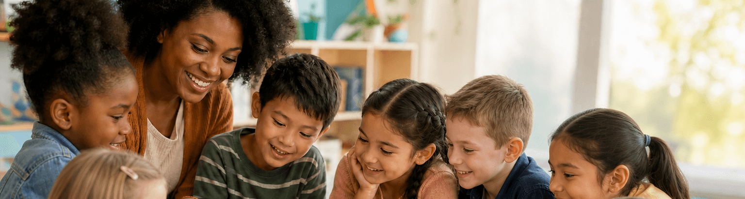 Inclusive educator and children exploring healthy food and learning tools together