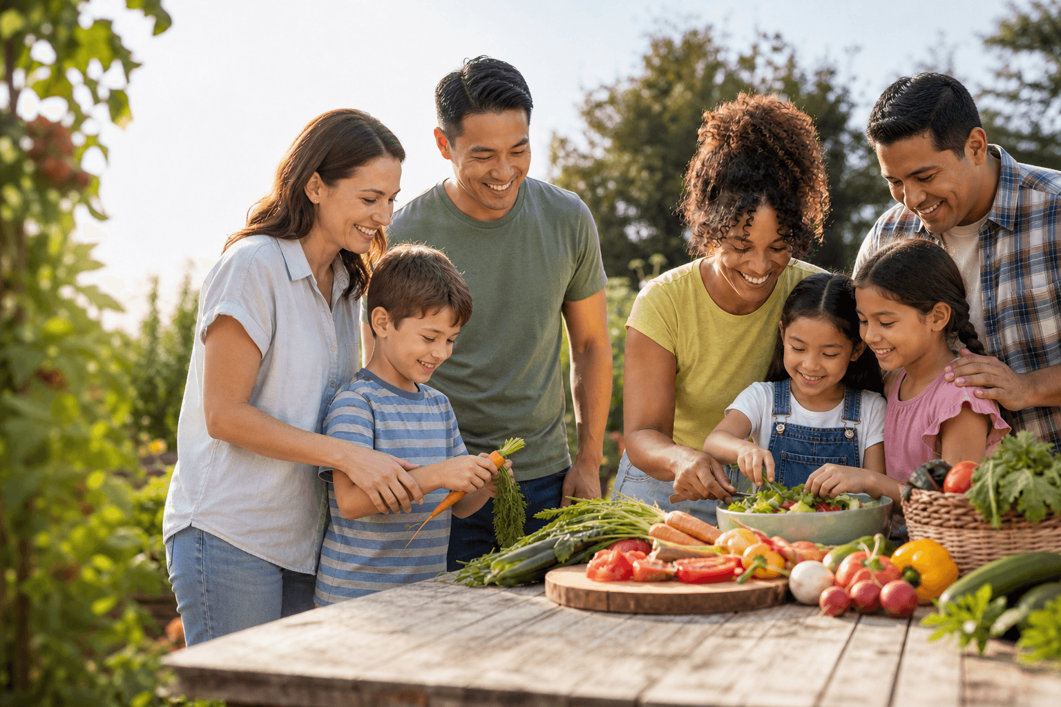 Inclusive group of adults and children preparing fresh vegetables together in a garden
