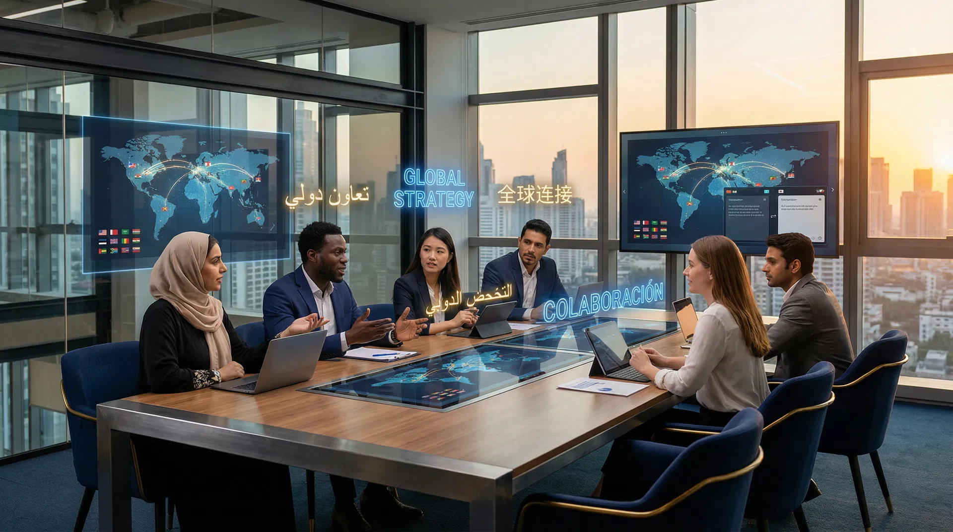 Diverse international team collaborating on translation projects