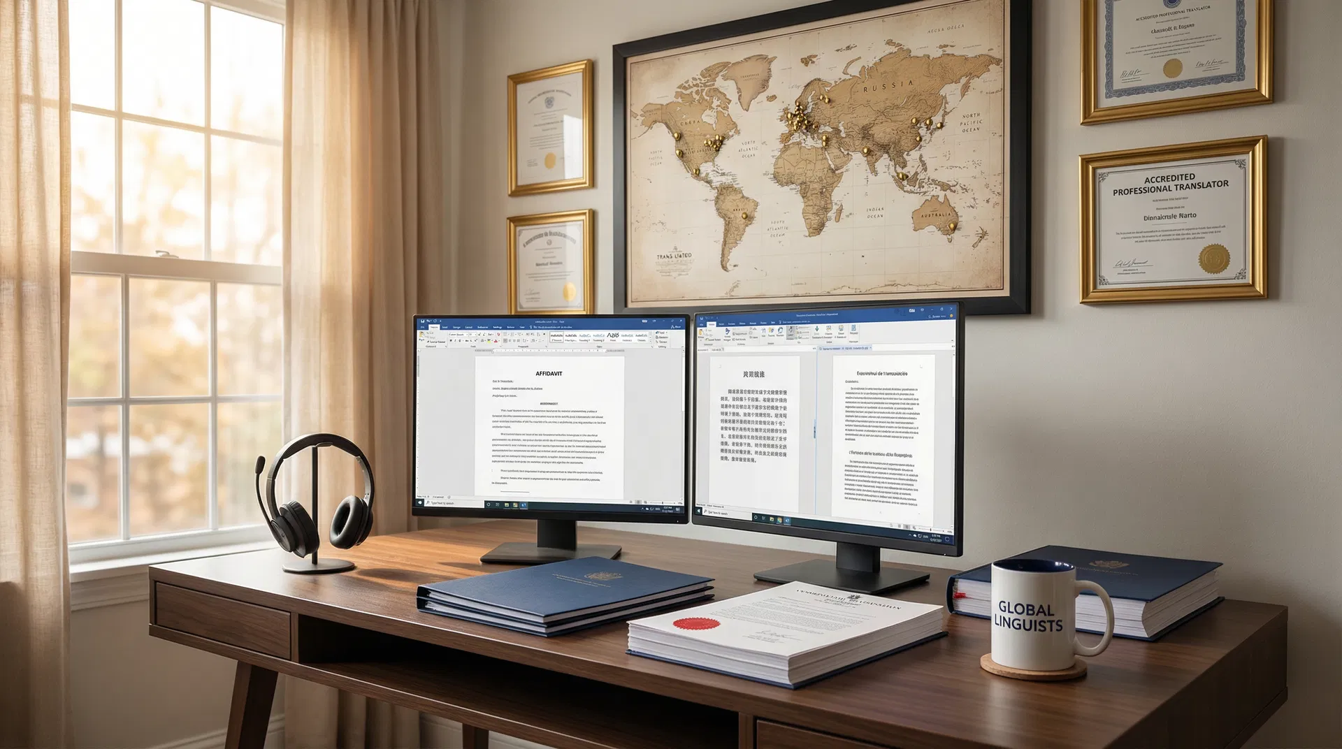 Professional translation workspace with bilingual documents on screen