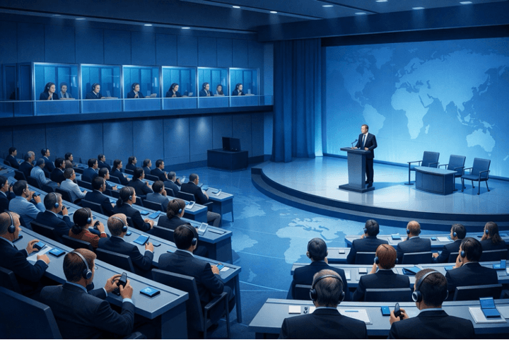 Simultaneous interpretation hall with interpreter booths overlooking a multilingual audience wearing headsets
