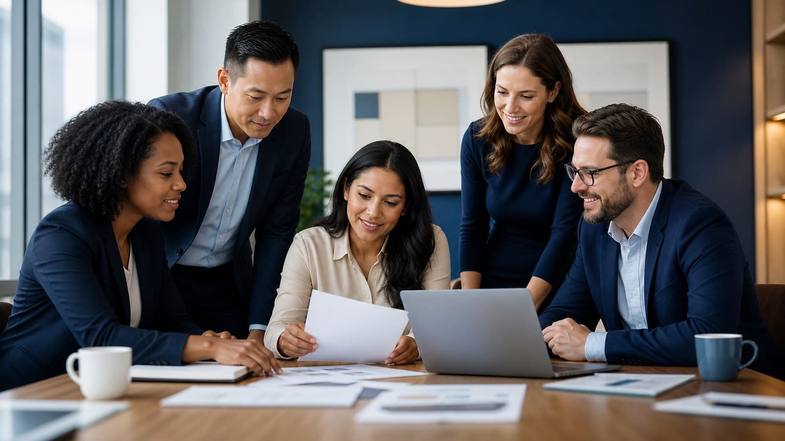 Diverse business team reviewing a language access plan in a Bay Area office