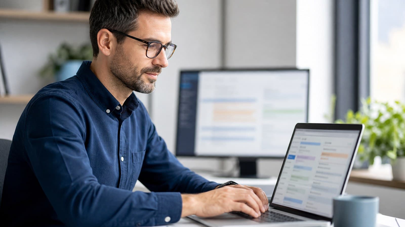 Linguist performing machine translation post-editing on a laptop
