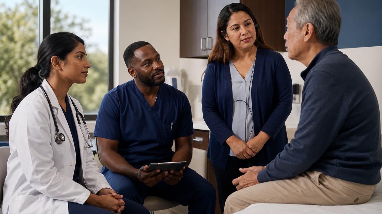 Medical interpretation services in a hospital exam room with a diverse care team