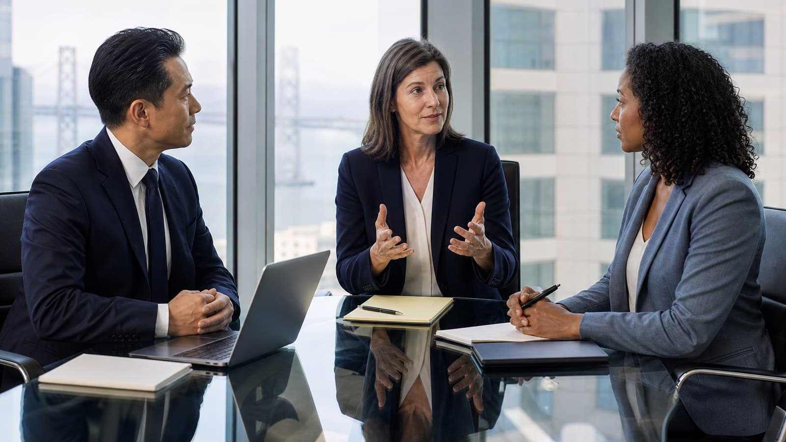 Professional interpreter upholding the interpreter code of ethics during a Bay Area business meeting