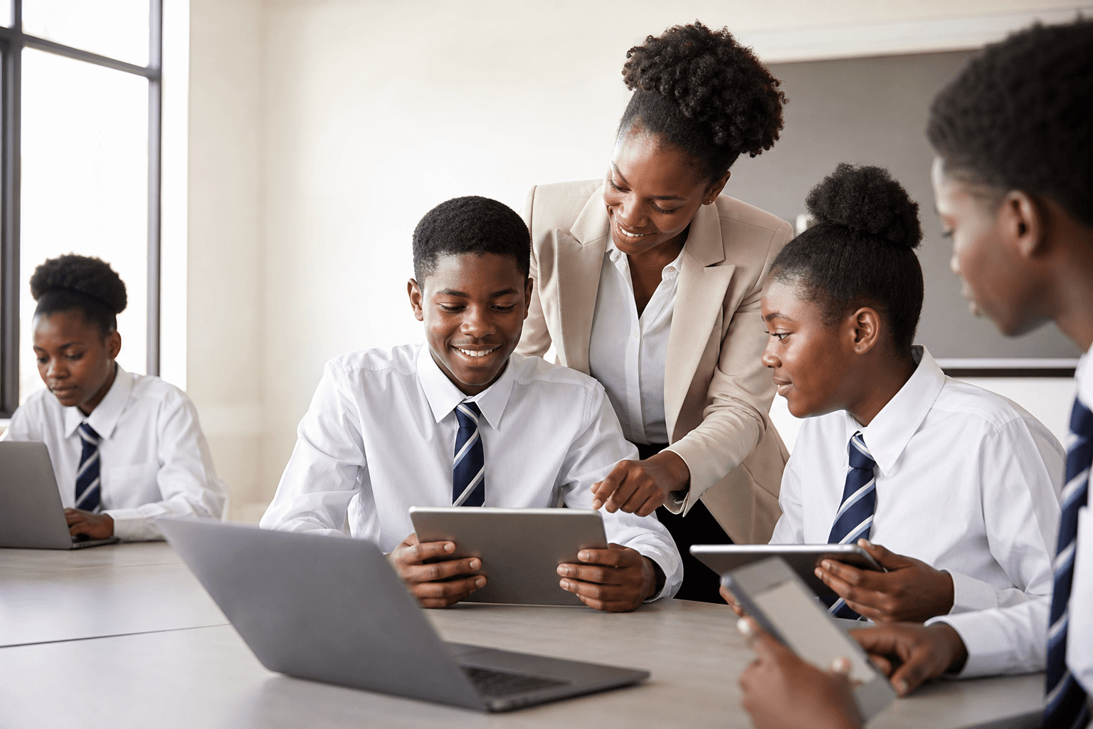 African students and a teacher collaborating with tablets and a laptop in a modern classroom