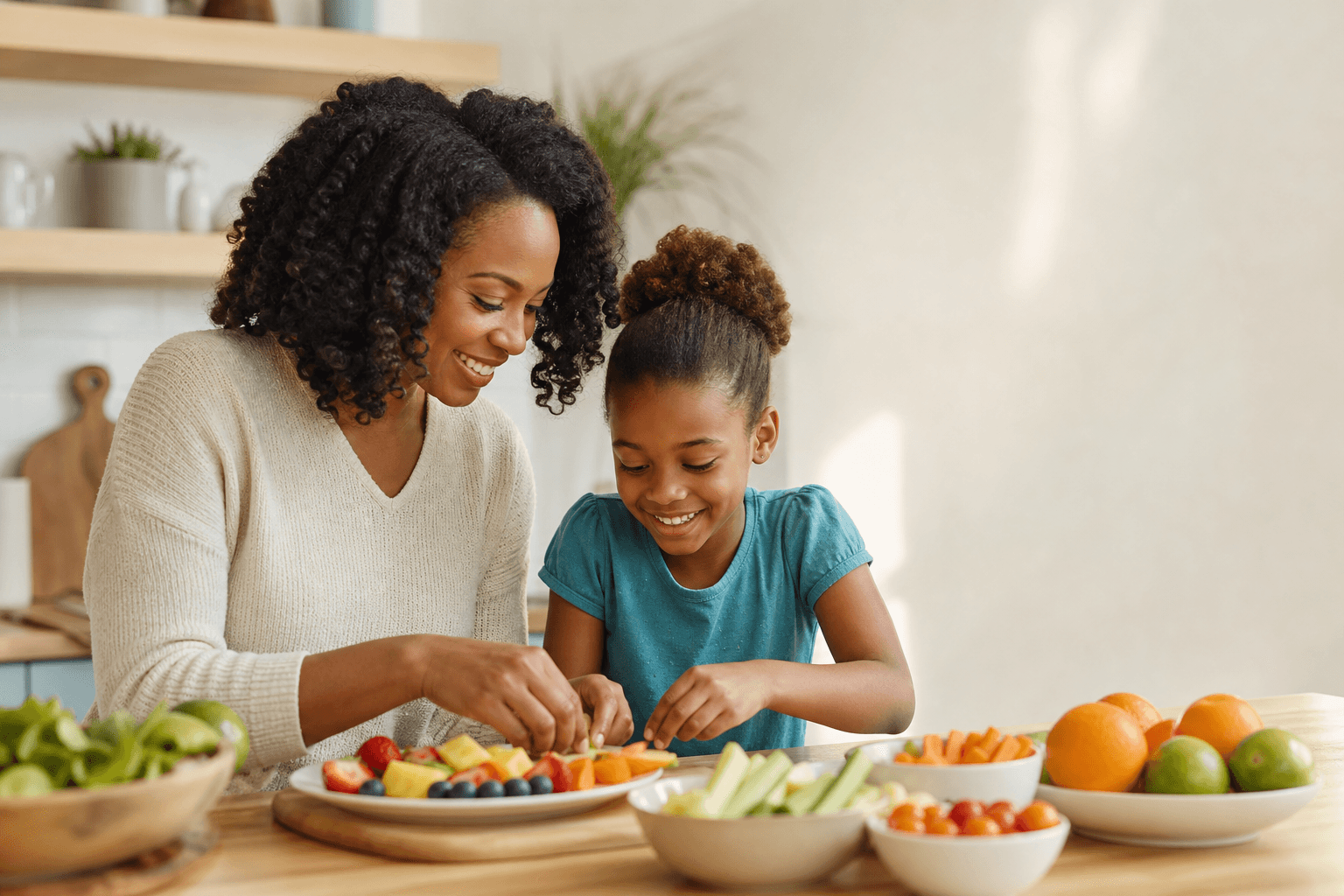 Parent and child preparing a colorful healthy snack together