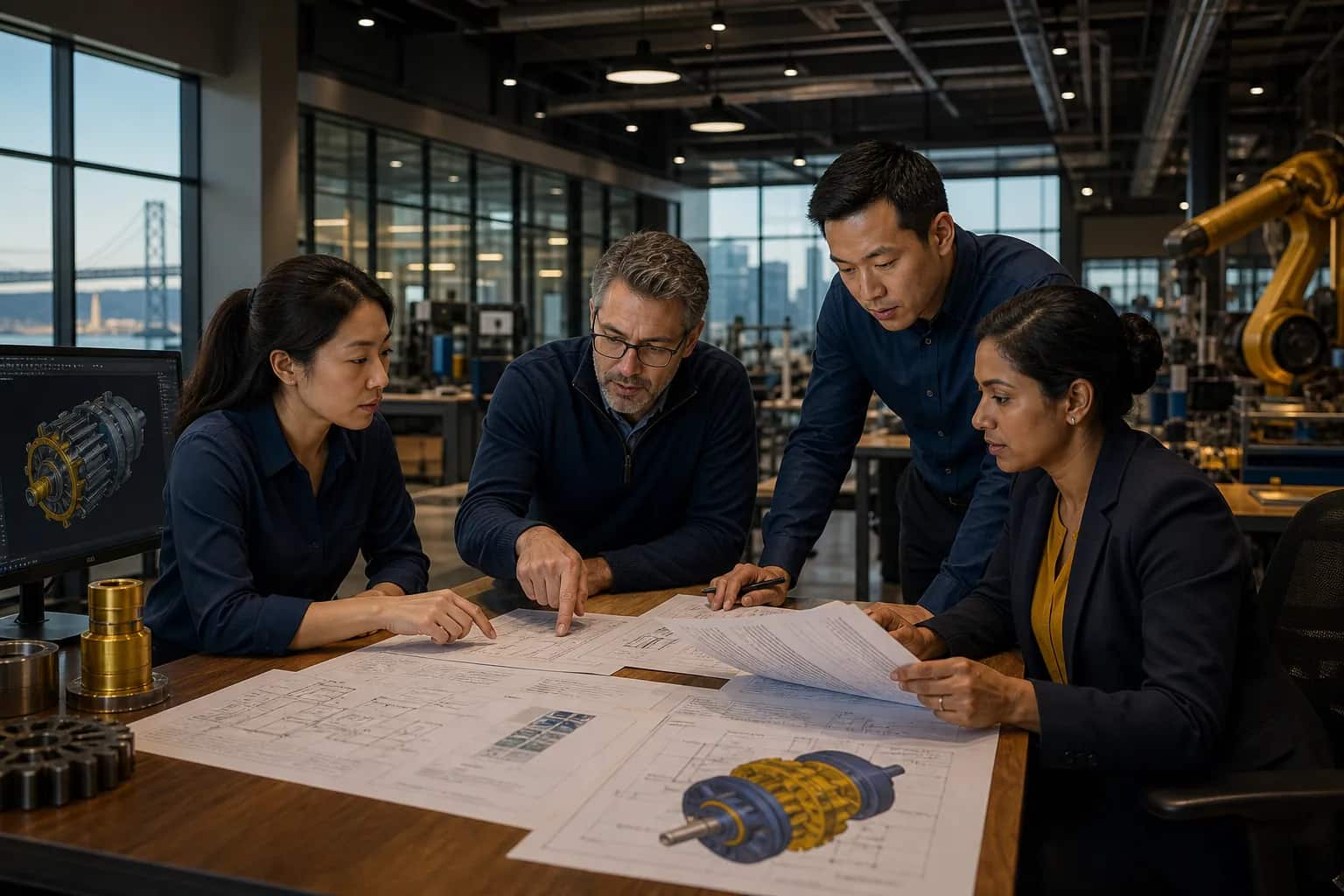 Diverse engineering team reviewing multilingual manufacturing documents, Bay Area industrial facility