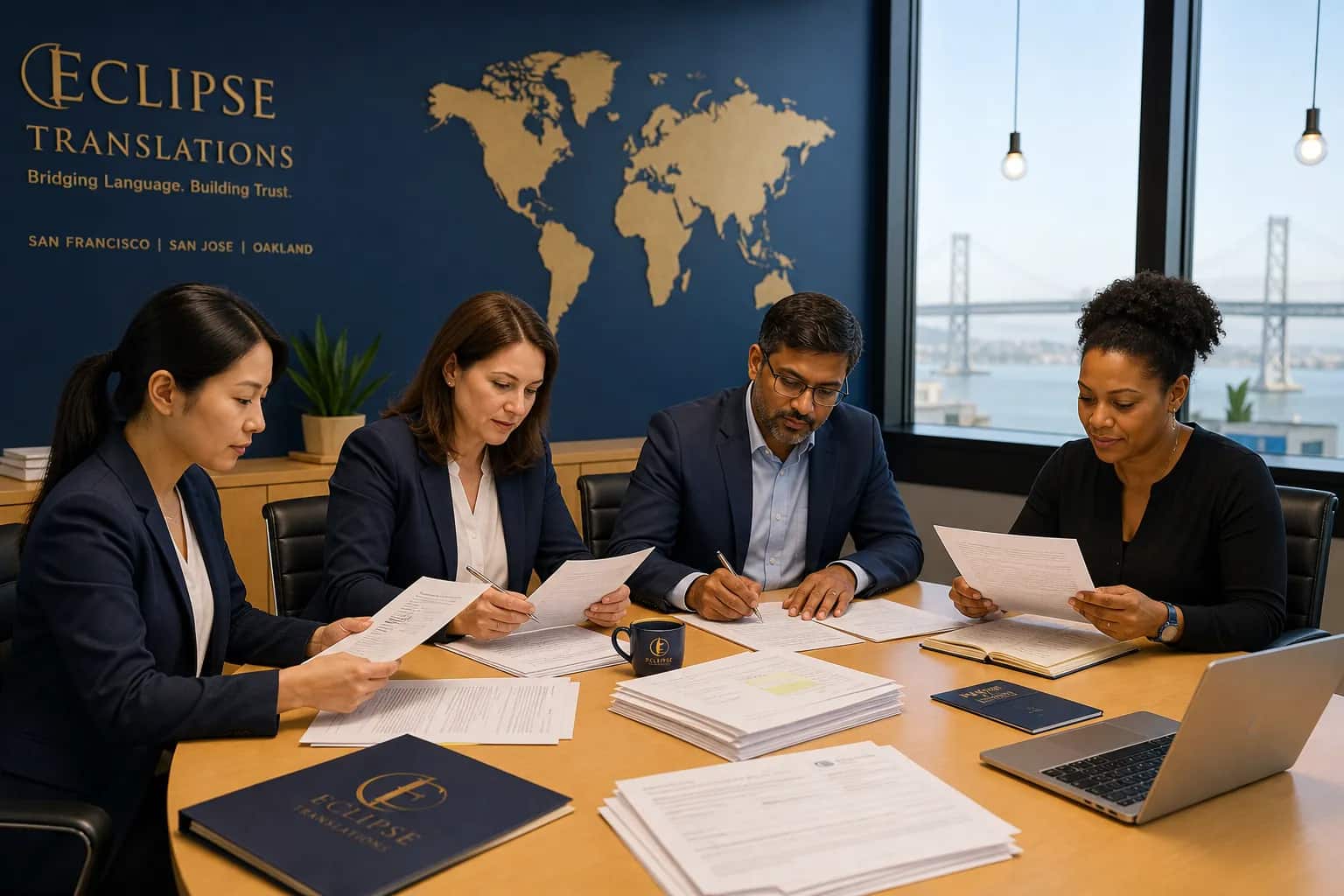 CERTIFIED GOVERNMENT DOCUMENT TRANSLATION SPECIALISTS REVIEWING IMMIGRATION PAPERWORK IN A BAY AREA OFFICE