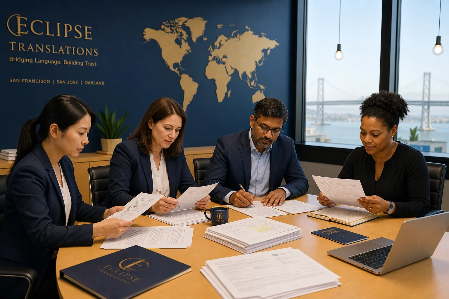 CERTIFIED GOVERNMENT DOCUMENT TRANSLATION SPECIALISTS REVIEWING IMMIGRATION PAPERWORK IN A BAY AREA OFFICE
