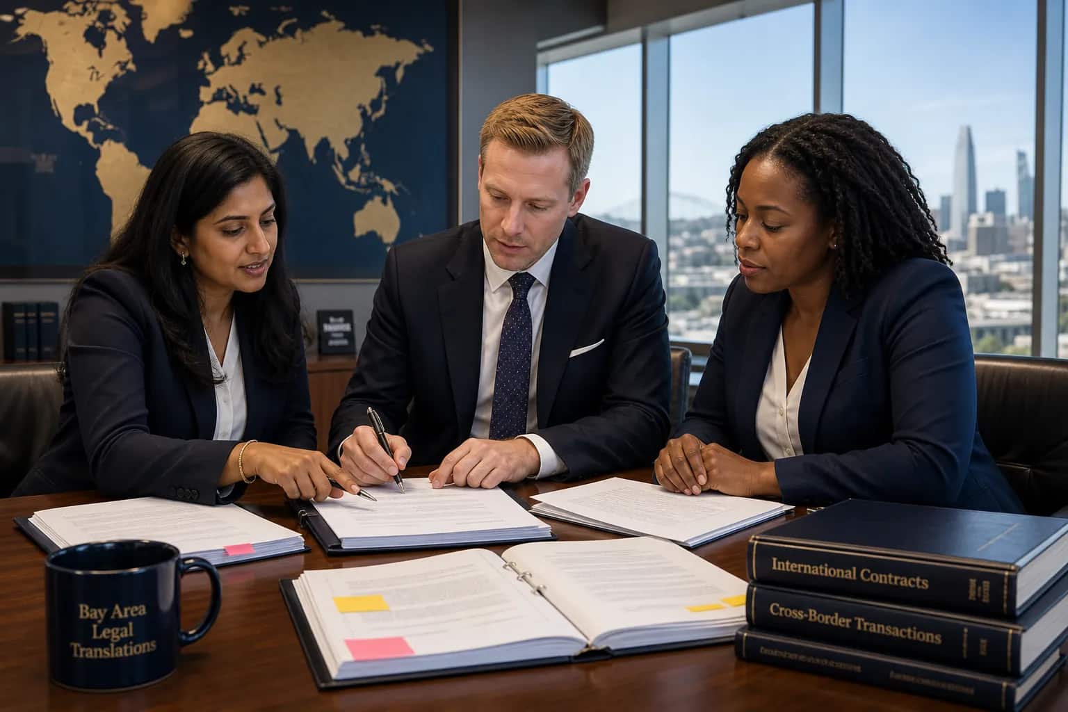 Legal document translation services team reviewing contracts — Bay Area San Francisco
