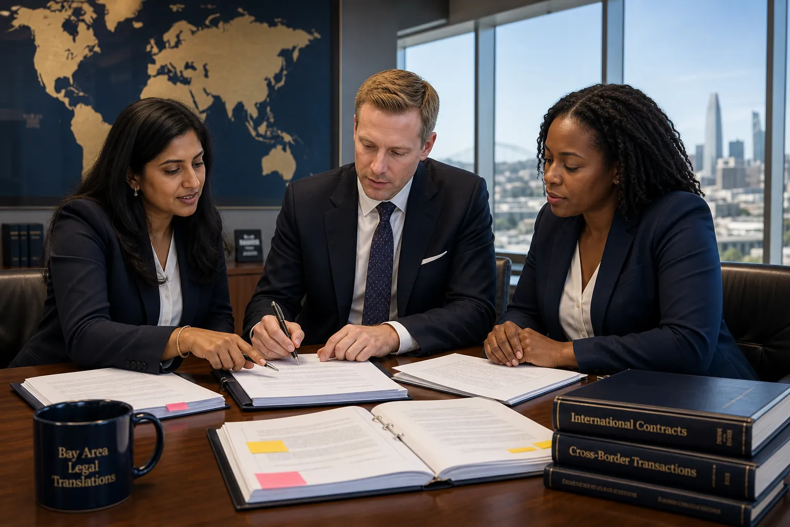Legal document translation services team reviewing contracts — Bay Area San Francisco