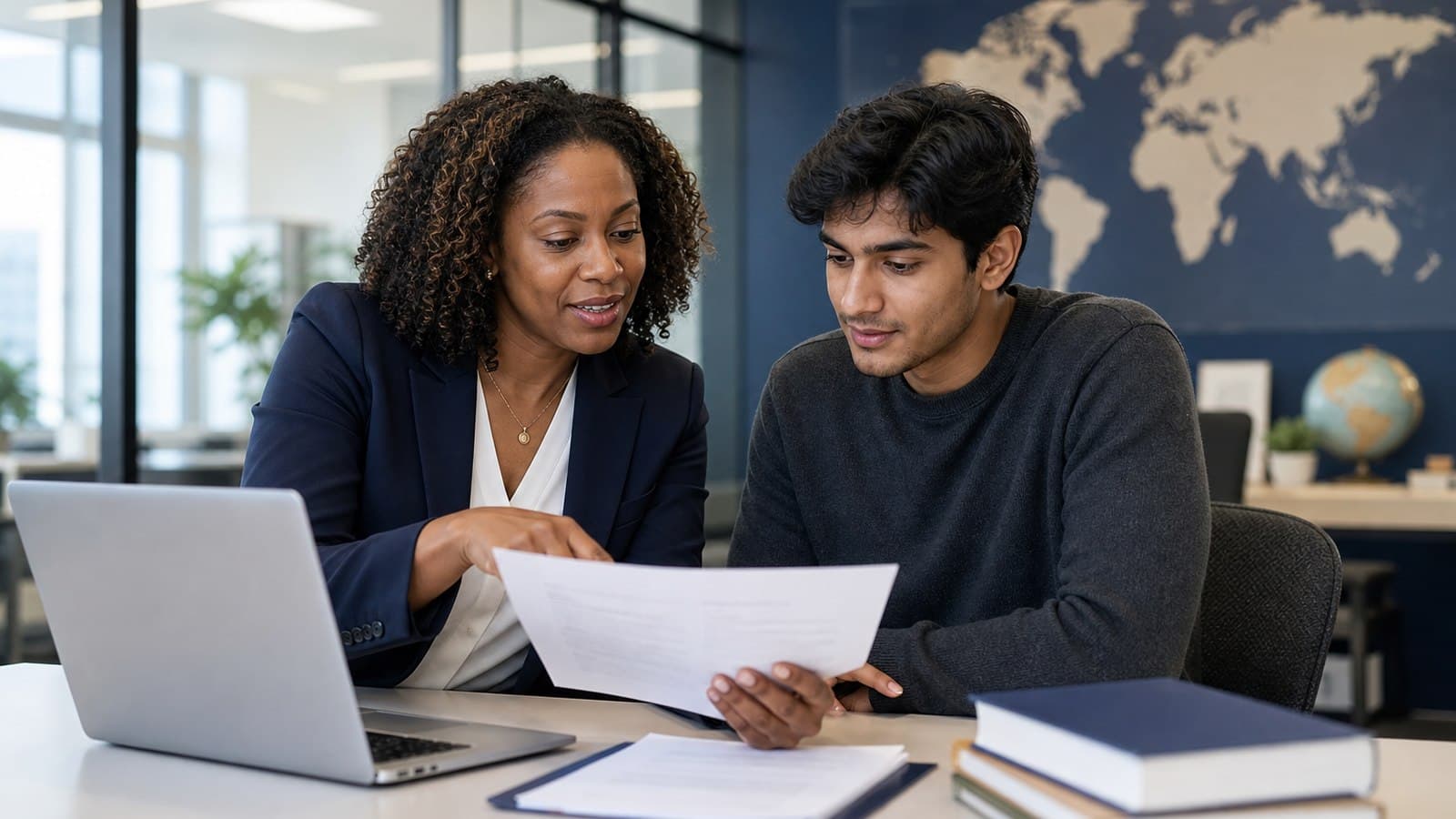 International student and university advisor reviewing diploma and transcript translation services paperwork