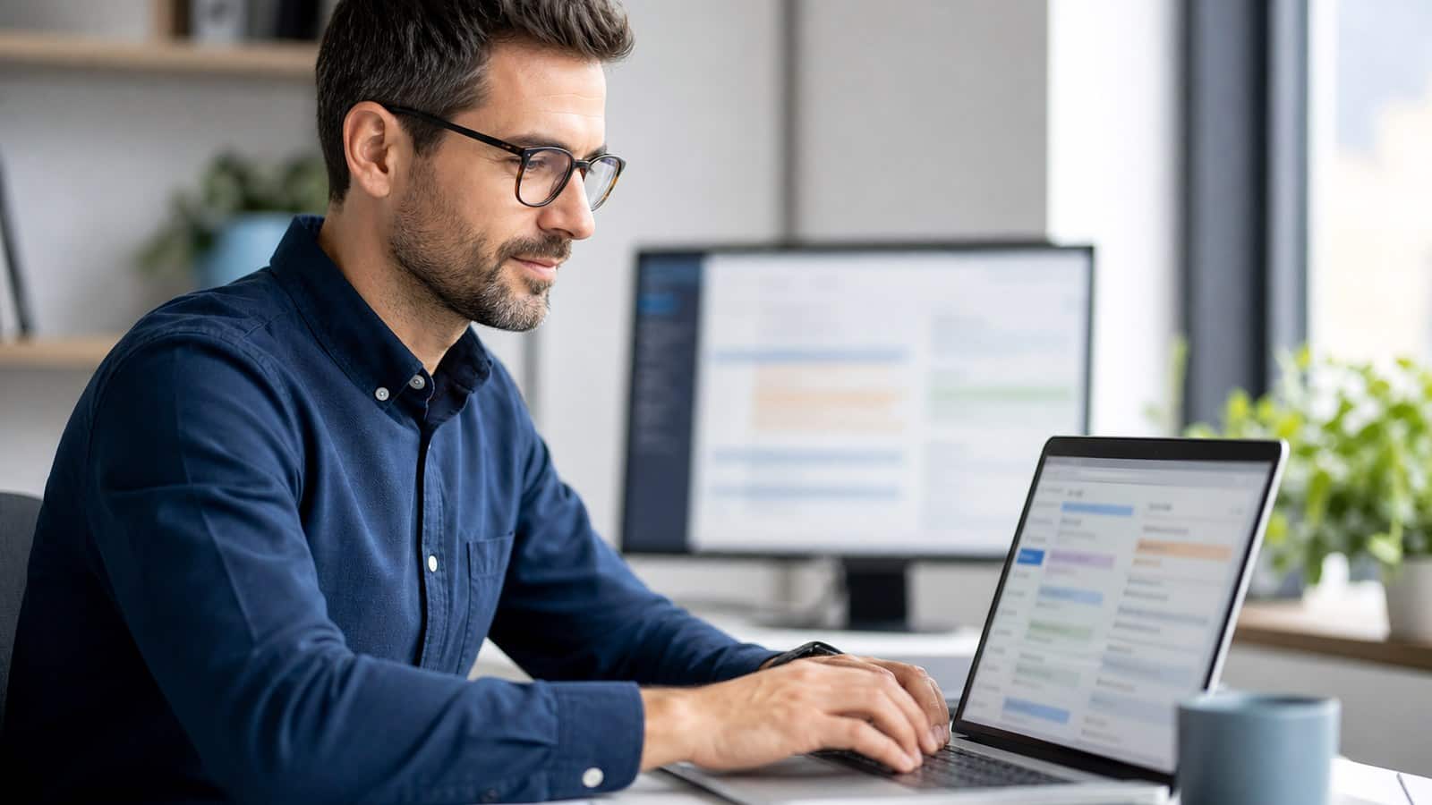 Linguist performing machine translation post-editing on a laptop