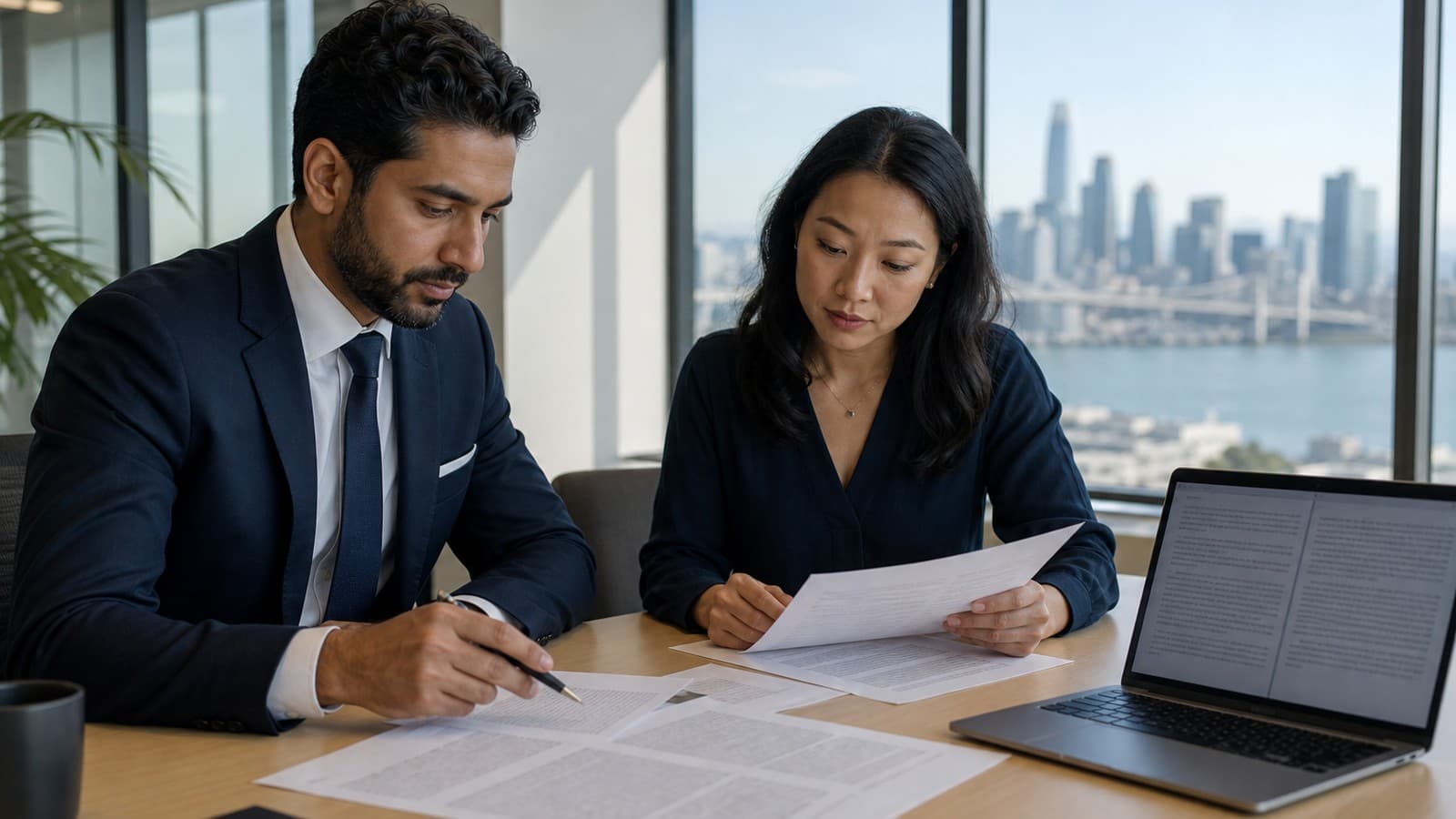 Patent attorney and translator reviewing patent translation services documents in a Bay Area office