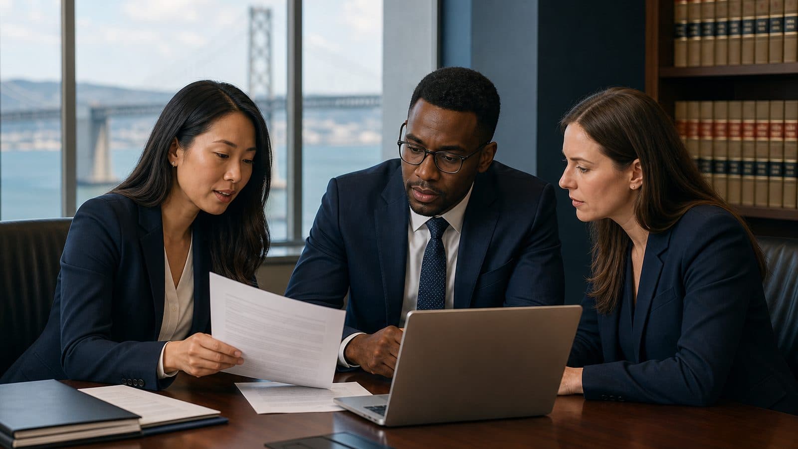 Bay Area law firm team reviewing a document during business transcription services consultation