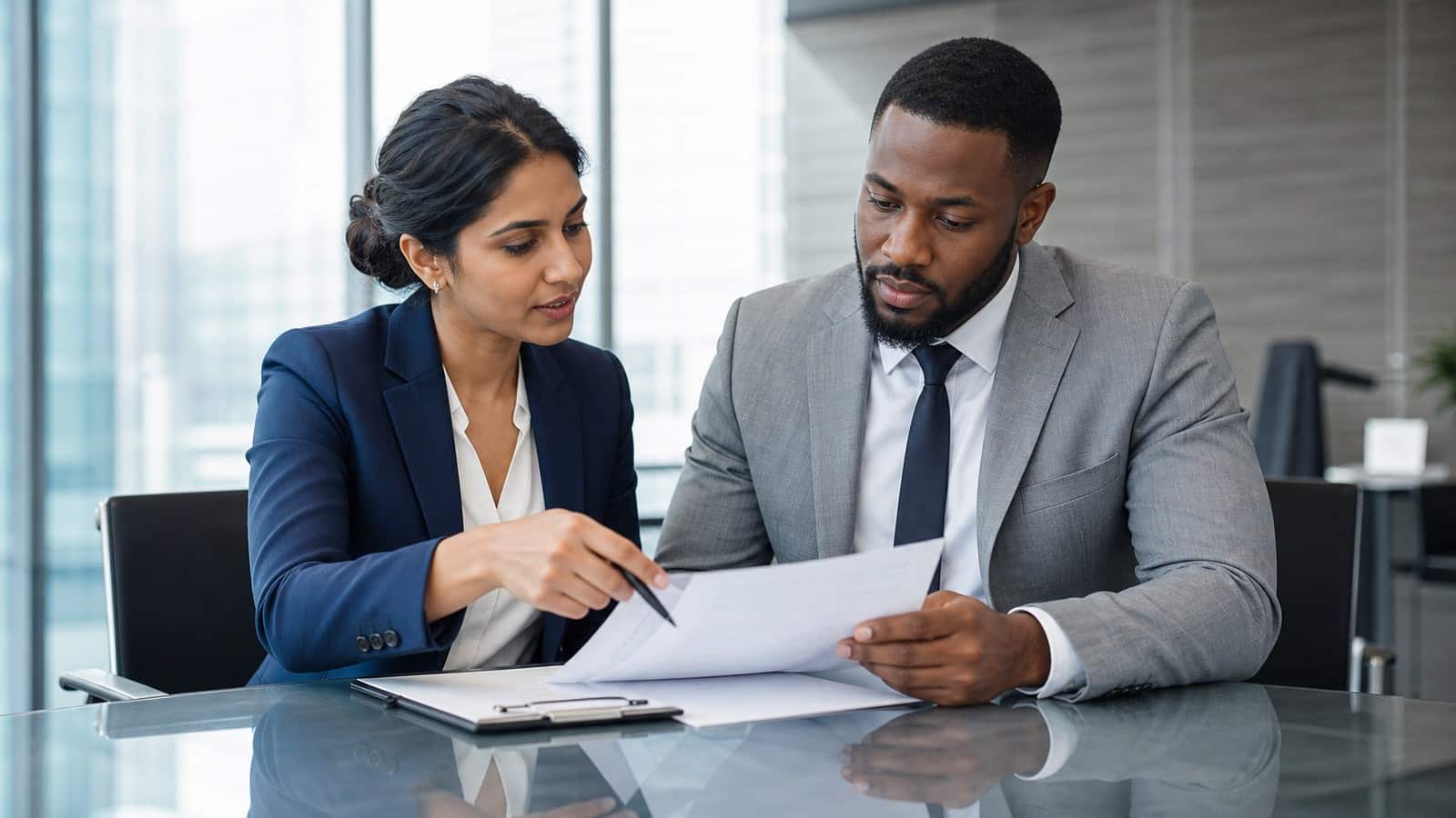 Two business professionals reviewing an international contract translation in a modern office