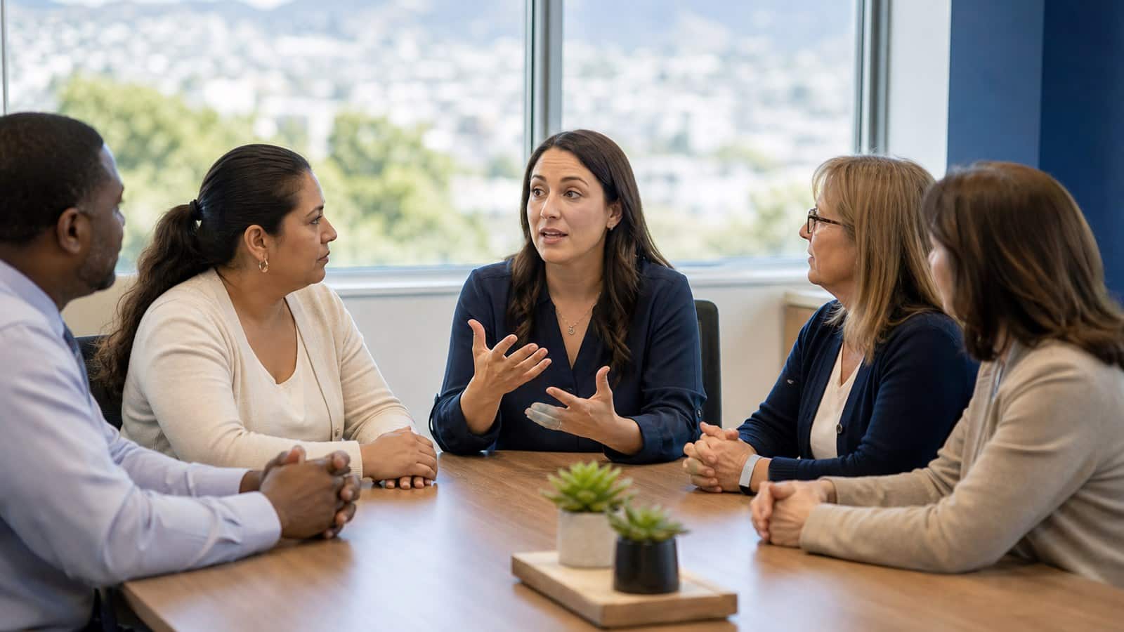 Professional interpreter providing IEP meeting interpretation services to a parent and school team in a Bay Area conference room