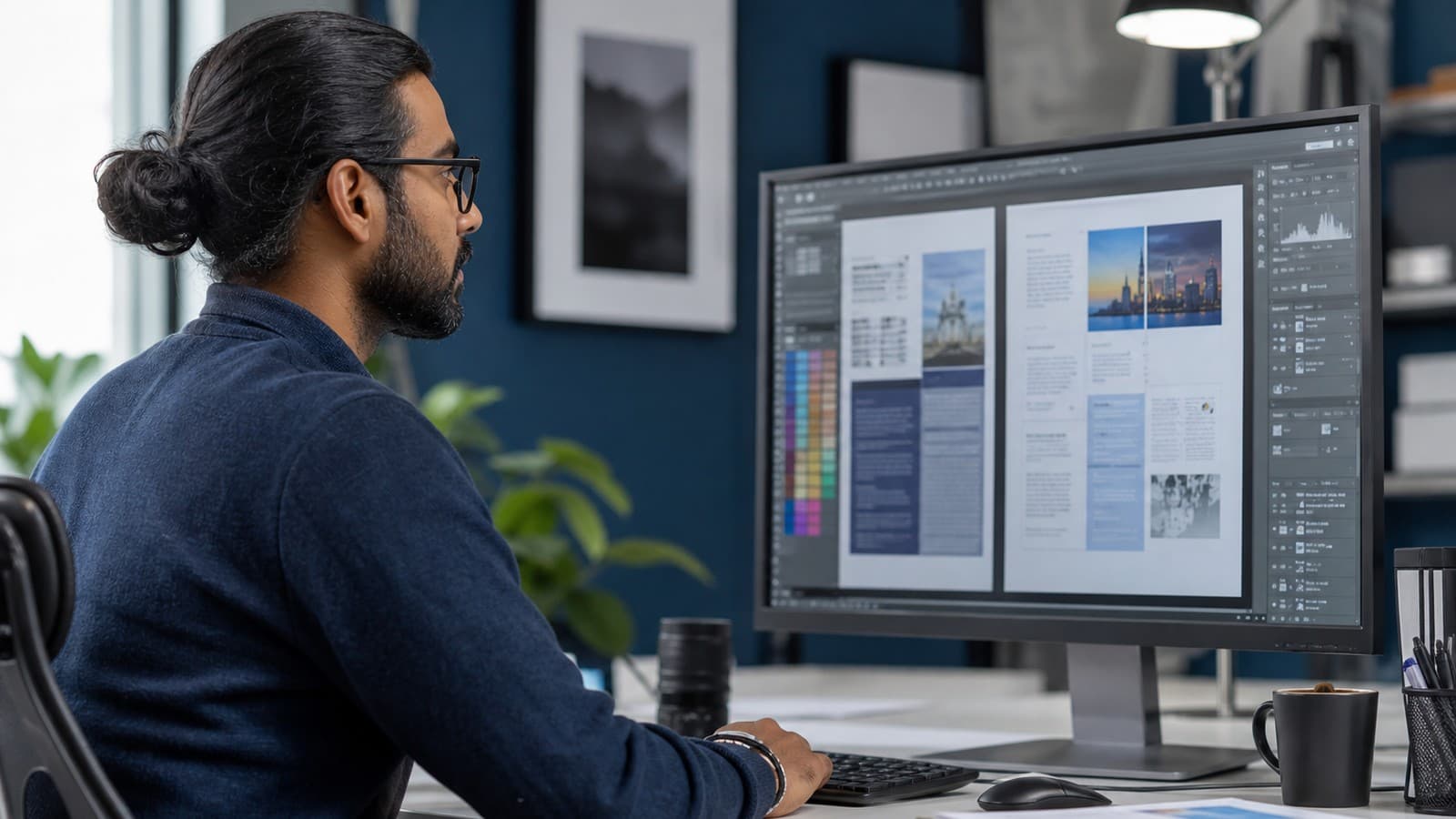 Multilingual desktop publishing specialist formatting a translated document layout