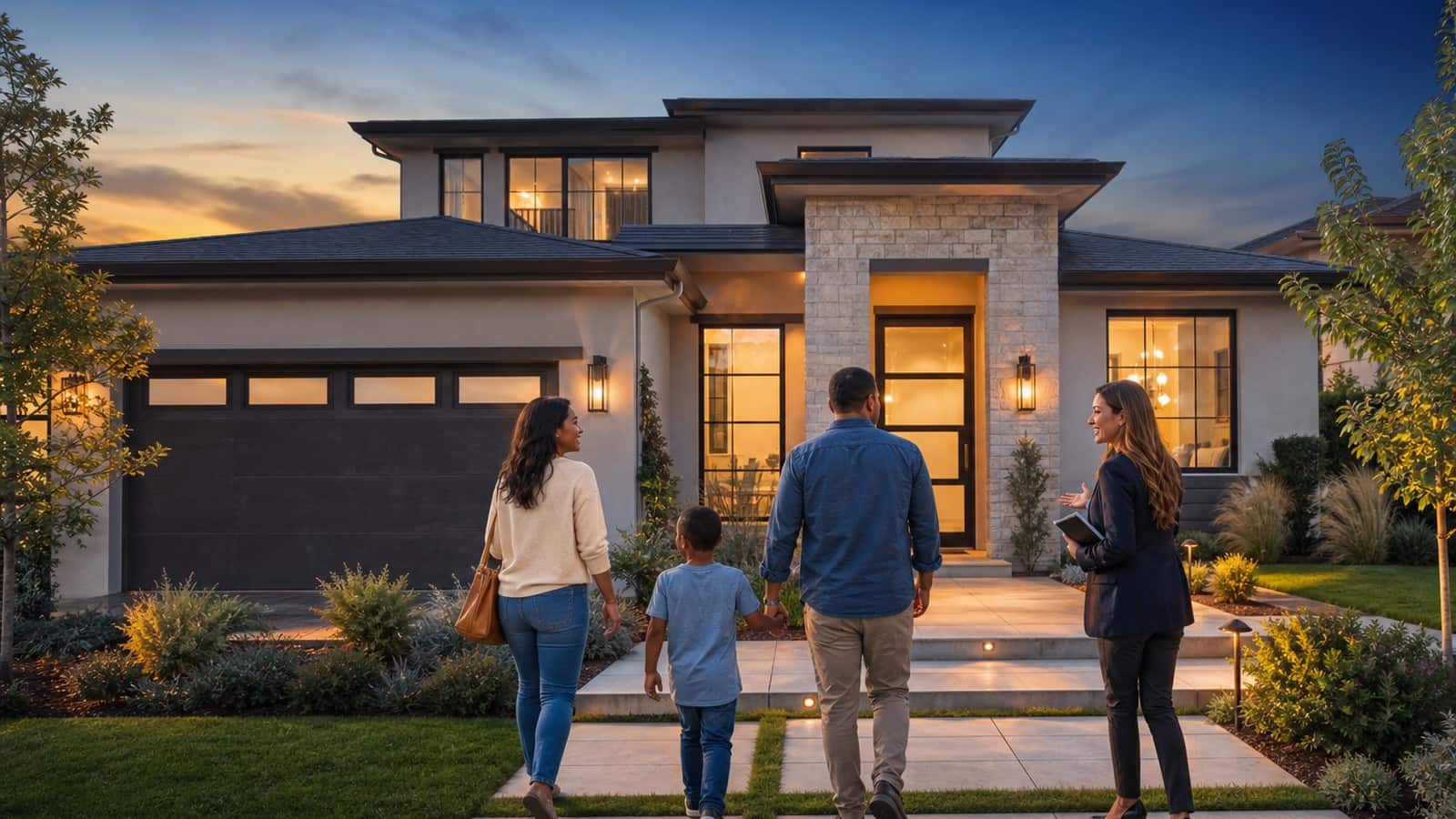 International buyer family and Bay Area agent walking to a home for real estate document translation services