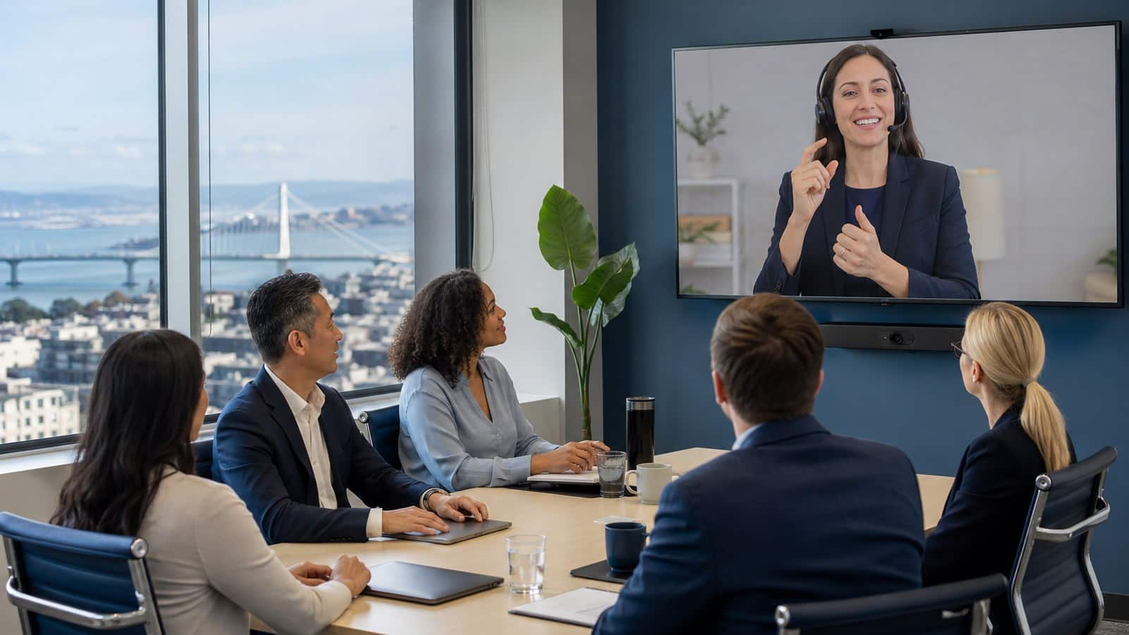 Bay Area team using video remote interpreting services in a conference room with a remote interpreter on screen