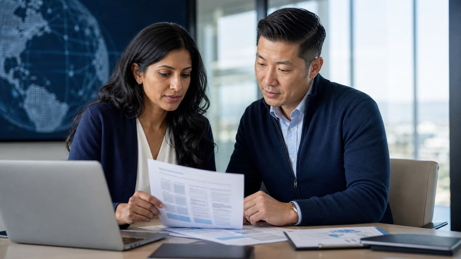 Life sciences translation specialist reviewing a clinical trial document with a biotech researcher