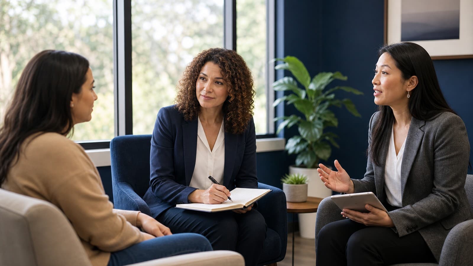 Clinician and patient in a mental health interpretation services session with an interpreter