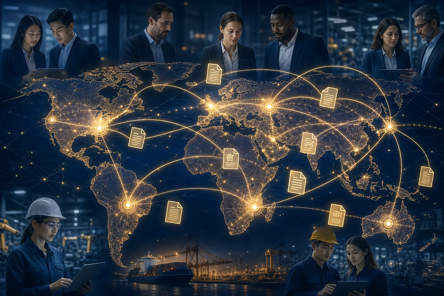 Global supply chain map with multilingual documents, manufacturing translation services Bay Area
