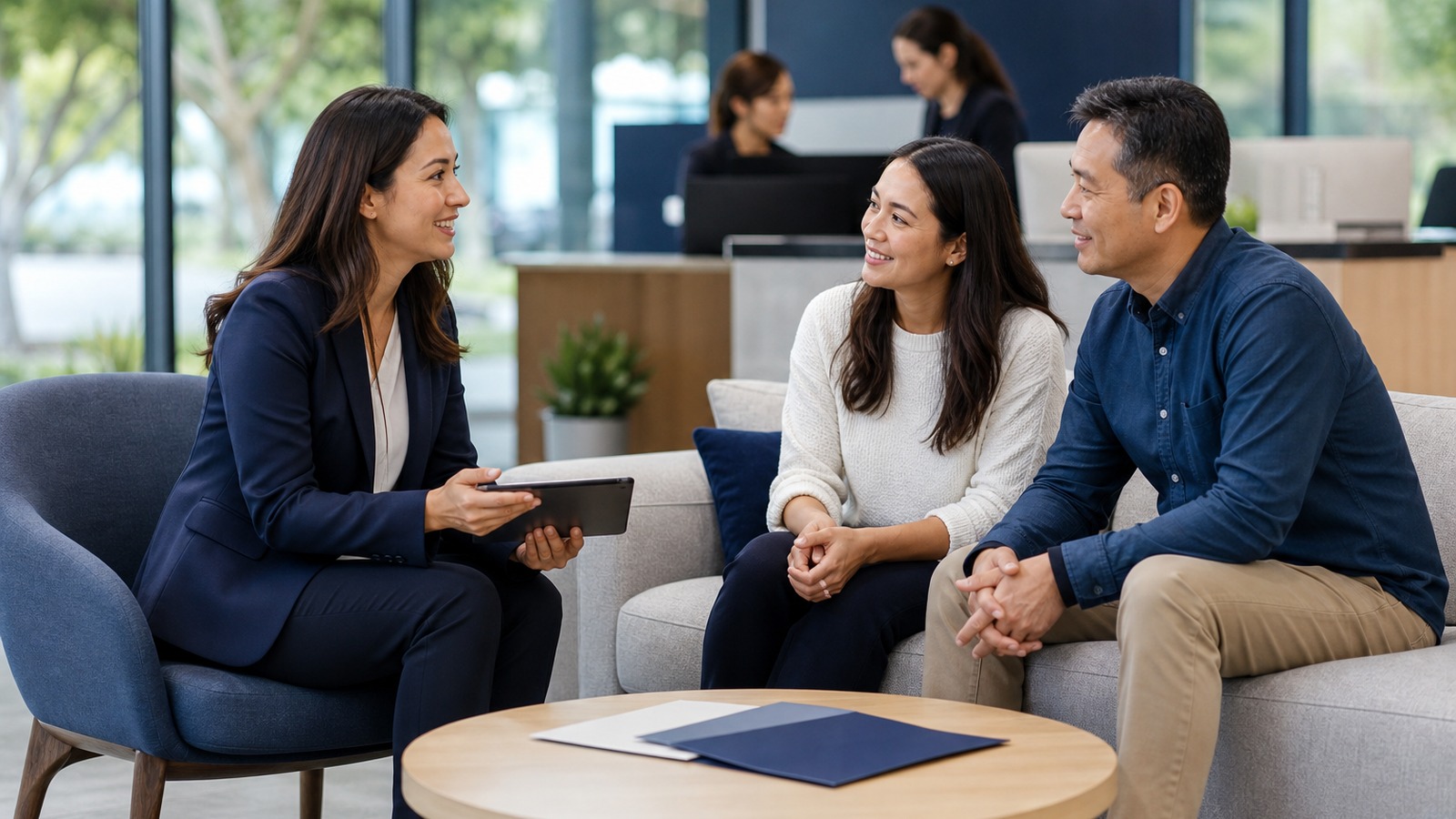 Education professional welcoming adult family members during a multilingual orientation conversation