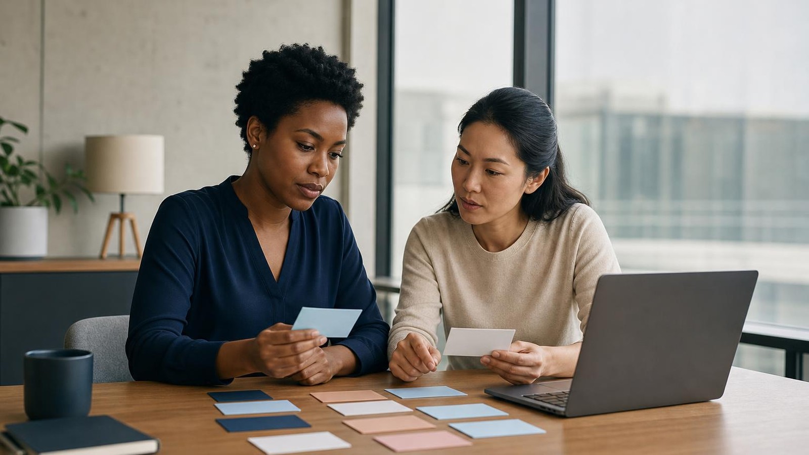 HR specialist and skilled linguist reviewing employee handbook terms for a consistent translation