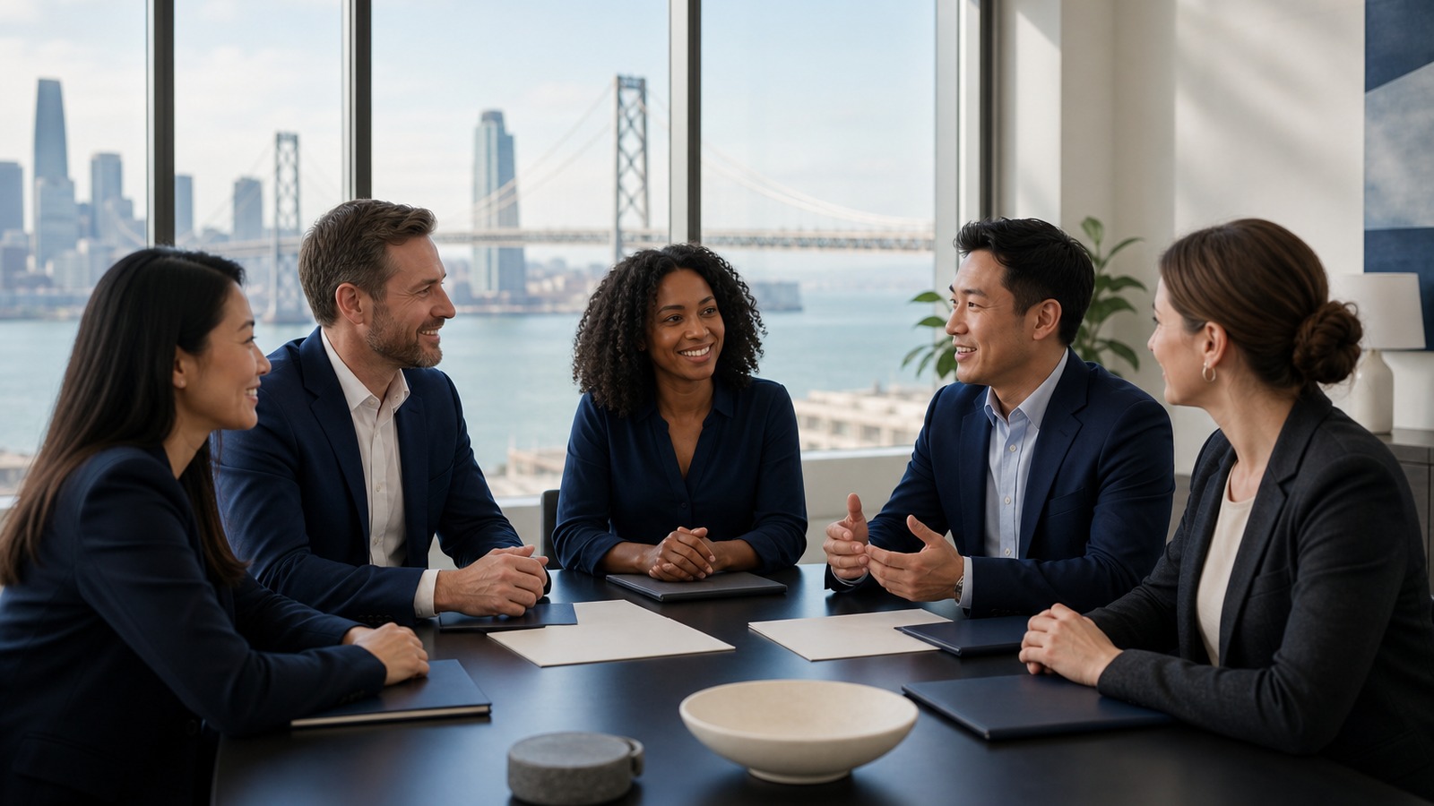 Diverse professional language-services team collaborating in a modern San Francisco Bay Area office