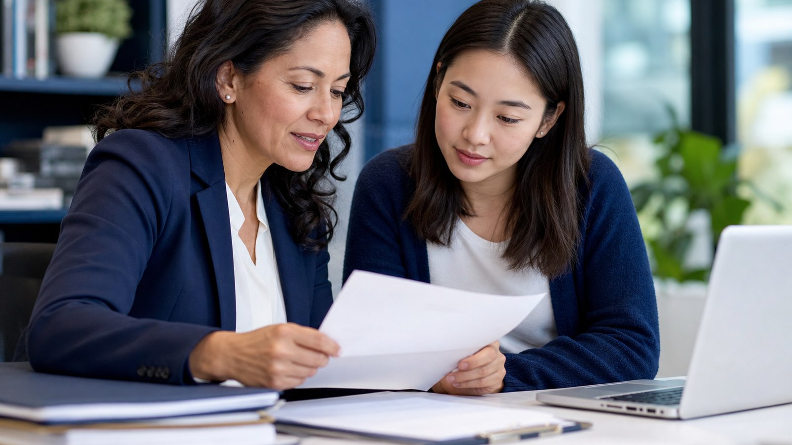 University admissions advisor and international student reviewing translated transcripts together