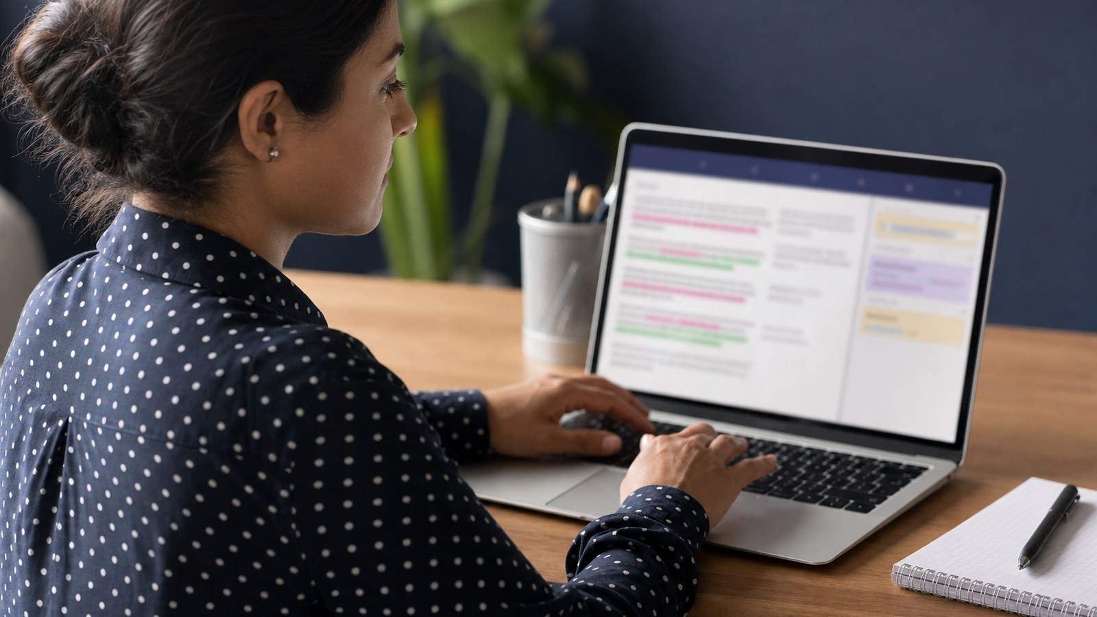 Linguist reviewing machine-translated text and marking corrections on a laptop
