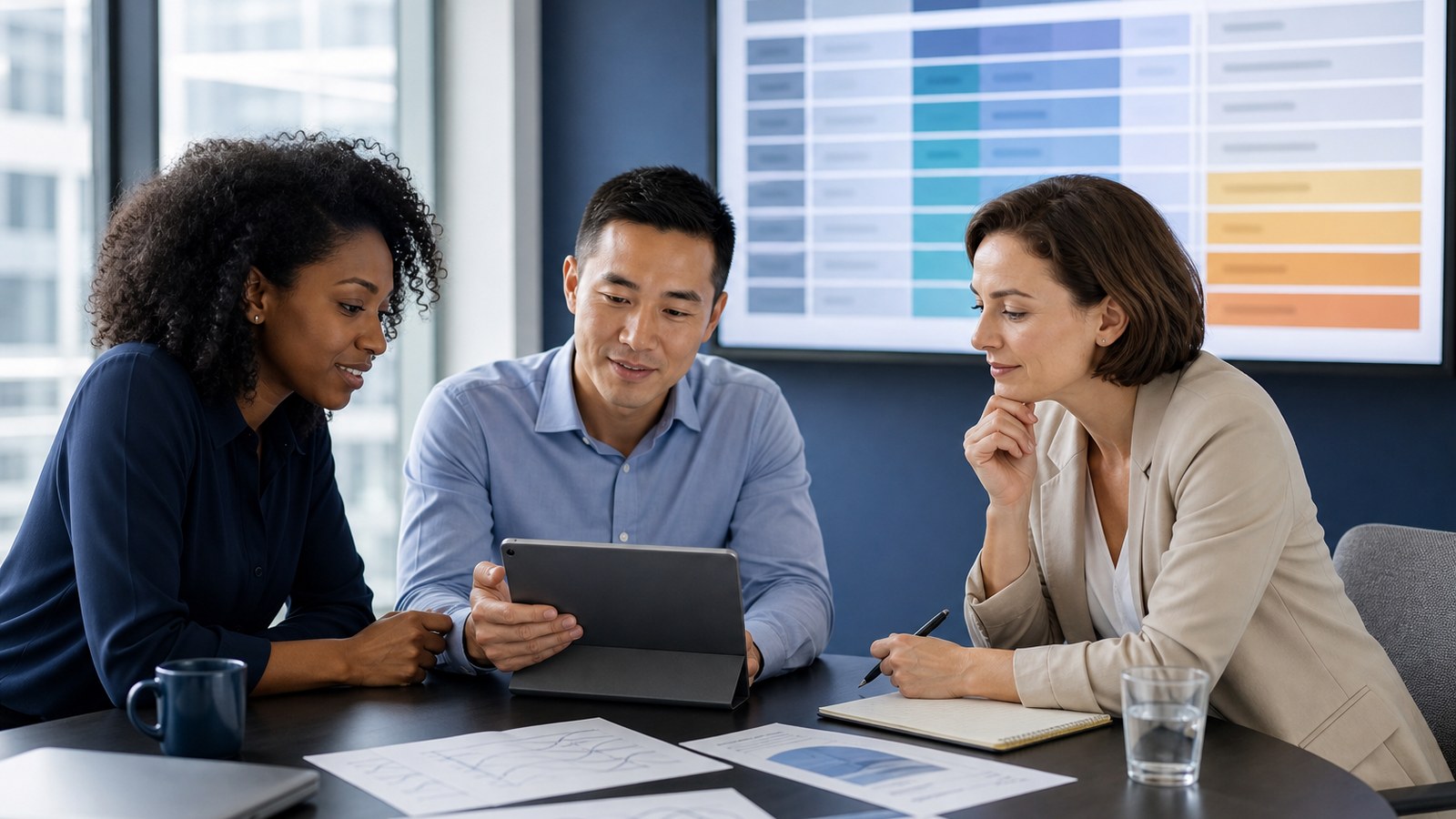 Translation team reviewing a shared glossary and style guide during a post-editing workflow meeting