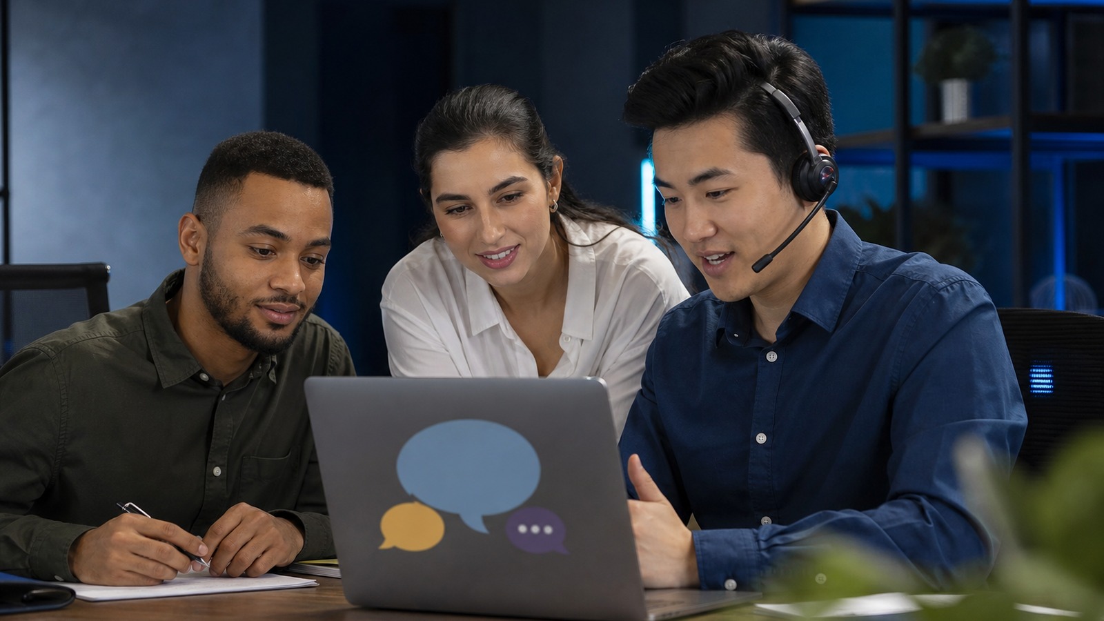 Multilingual customer support agents reviewing a localized live chat conversation