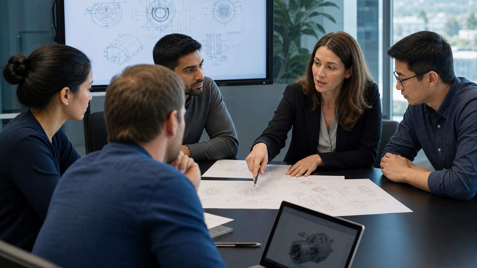 Engineering team and patent attorney reviewing a translated international patent filing before a national-phase deadline