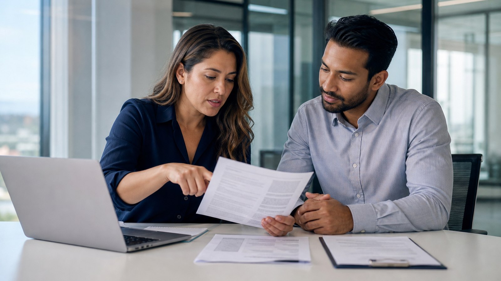Two linguists comparing an original document against its back-translation during a quality assurance review