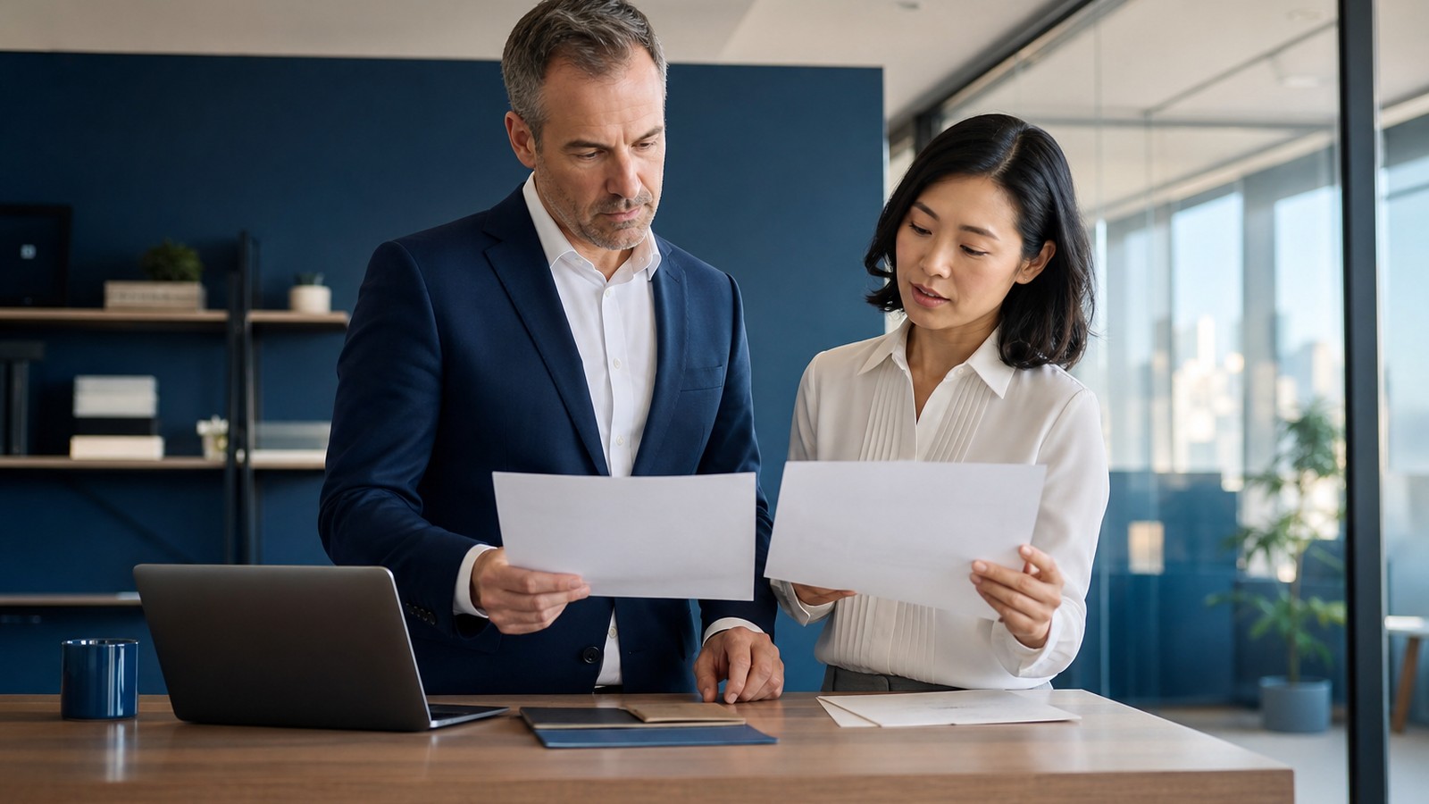 Two business professionals comparing English and translated versions of an international contract