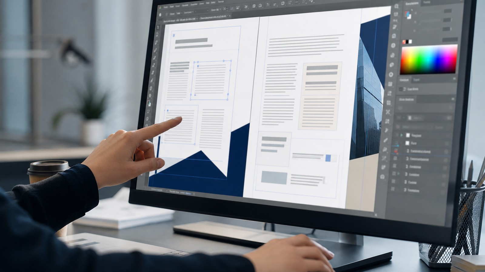 Multilingual desktop publishing specialist adjusting a translated brochure layout for text expansion