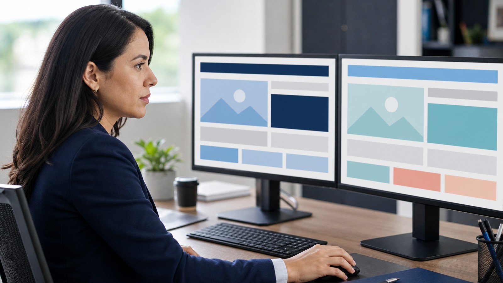 Linguist optimizing localized web pages for multilingual SEO on dual monitors