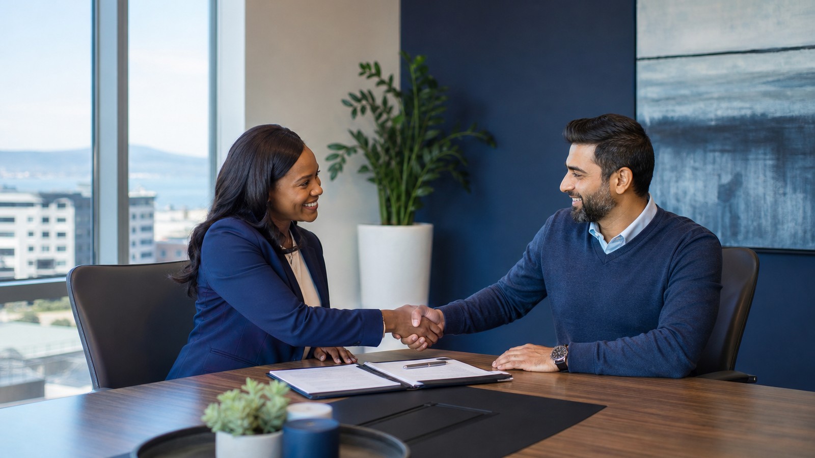 Escrow officer and international buyer signing translated real estate closing documents in a Bay Area office