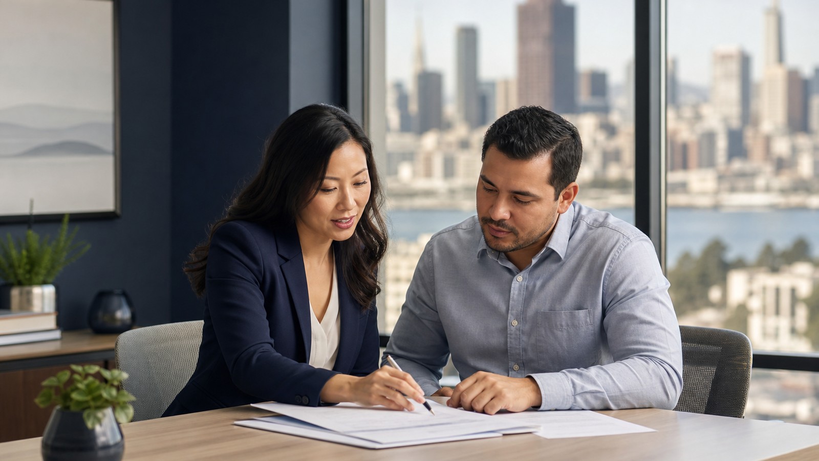 Real estate agent and international buyer reviewing translated purchase agreement documents at a desk