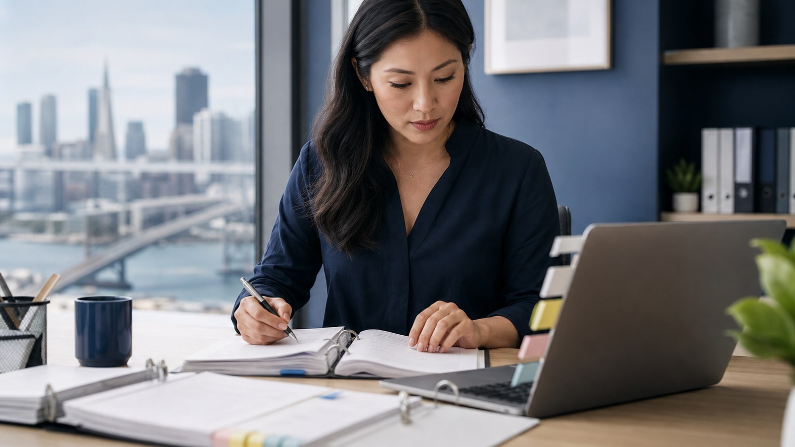 Translator cross-referencing an approved terminology management glossary and style guide