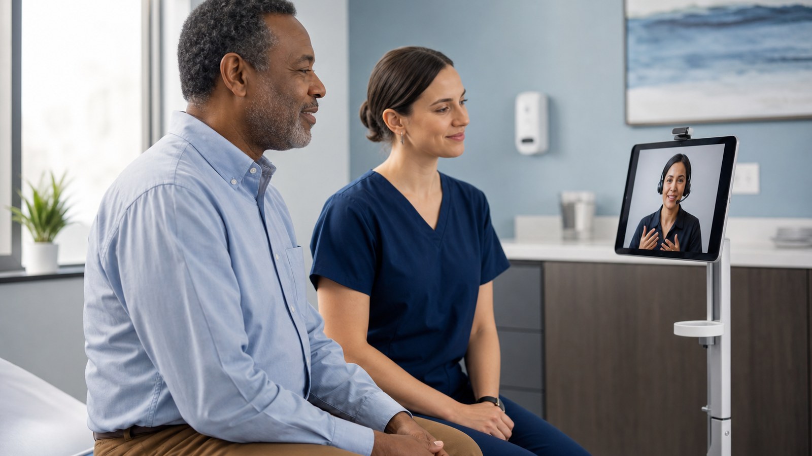 Patient and nurse in a clinic exam room using a tablet for video remote interpreting services