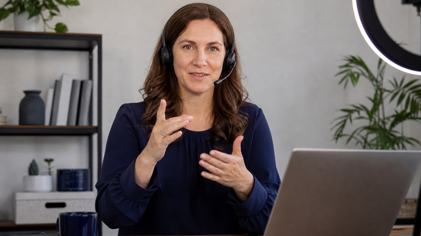Professional remote interpreter with a headset working from a quiet studio for video remote interpreting services