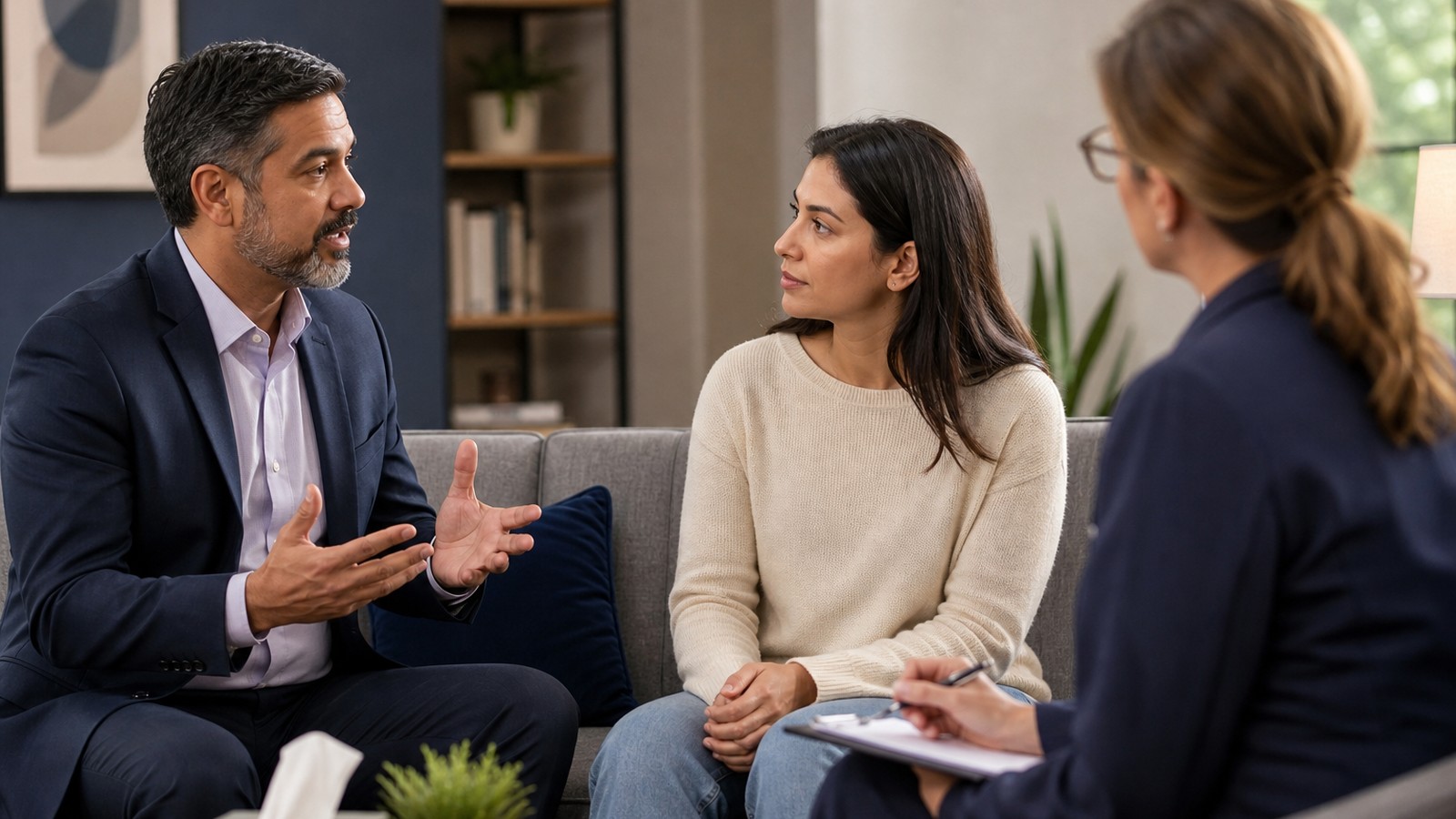 Therapist and professional interpreter supporting a patient during a Bay Area counseling session